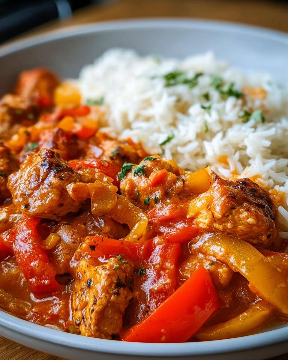 Nahaufnahme einer Schüssel mit Schnelle Hähnchen-Gemüse-Pfanne mit Reis und Paprika.