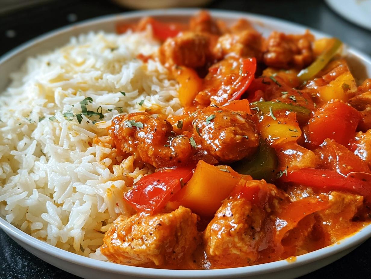 Nahaufnahme einer Schnelle Hähnchen-Gemüse-Pfanne mit Reis, bestehend aus Hähnchenstücken in Sauce, Paprika und weißem Reis.