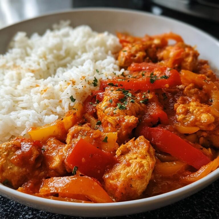 Nahaufnahme einer Schnelle Hähnchen-Gemüse-Pfanne mit Reis, garniert mit Petersilie.