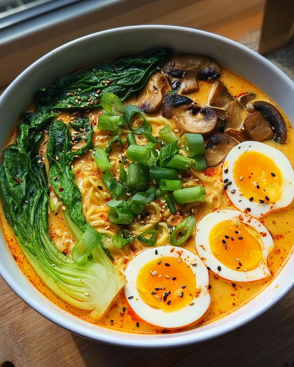 Nahaufnahme einer Schüssel mit Schnelle Ramen mit Ei & Gemüse, reichhaltiger Brühe, weich gekochtem Ei und Bok Choy.