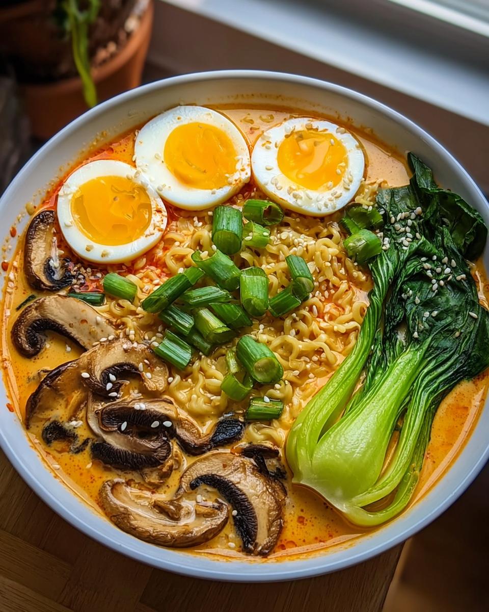 Eine Schüssel mit Schnelle Ramen mit Ei & Gemüse, garniert mit halbierten Eiern, Pilzen und Pak Choi.