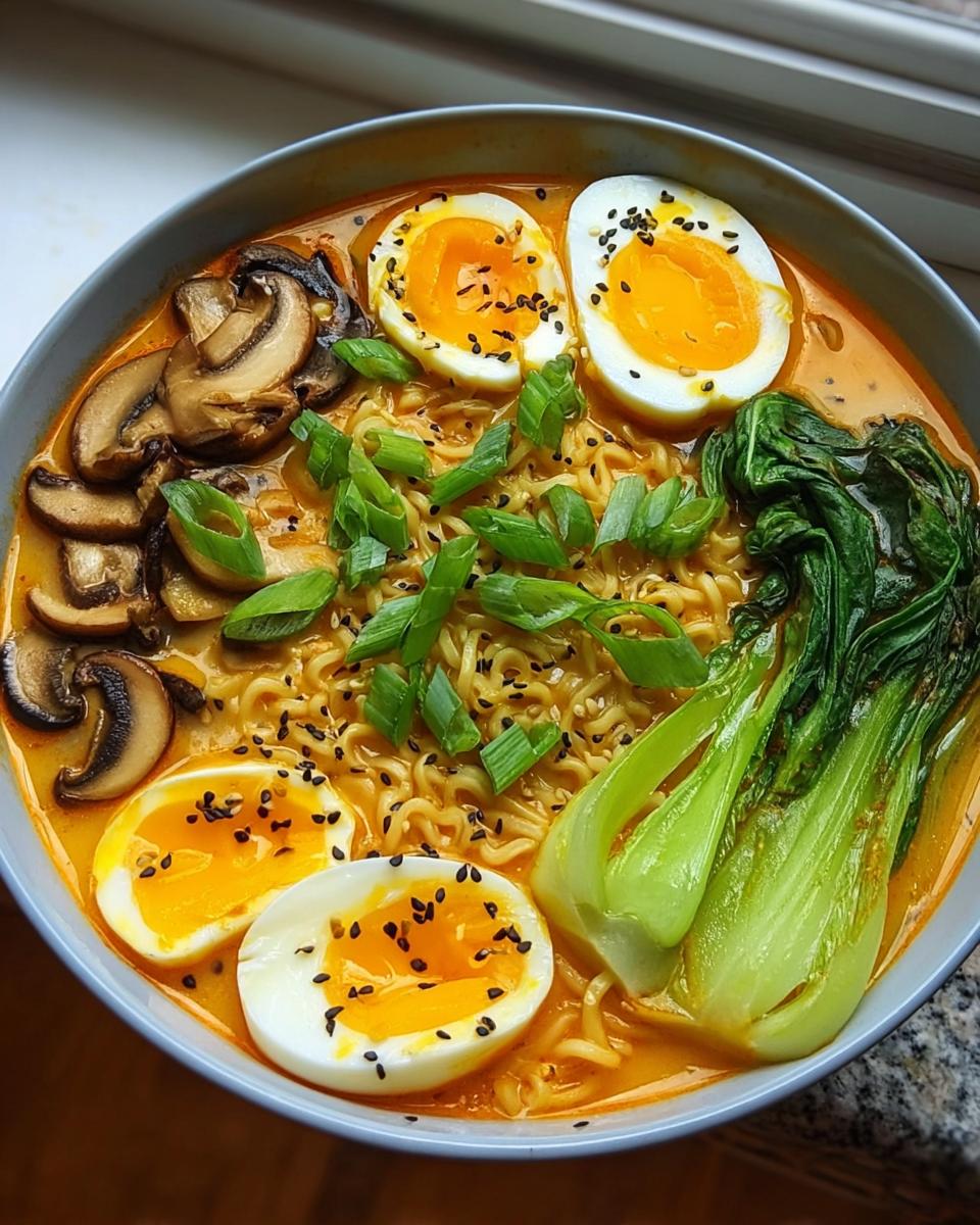Eine Schüssel mit Schnelle Ramen mit Ei & Gemüse, belegt mit weichgekochten Eiern, Pilzen und Pak Choi.
