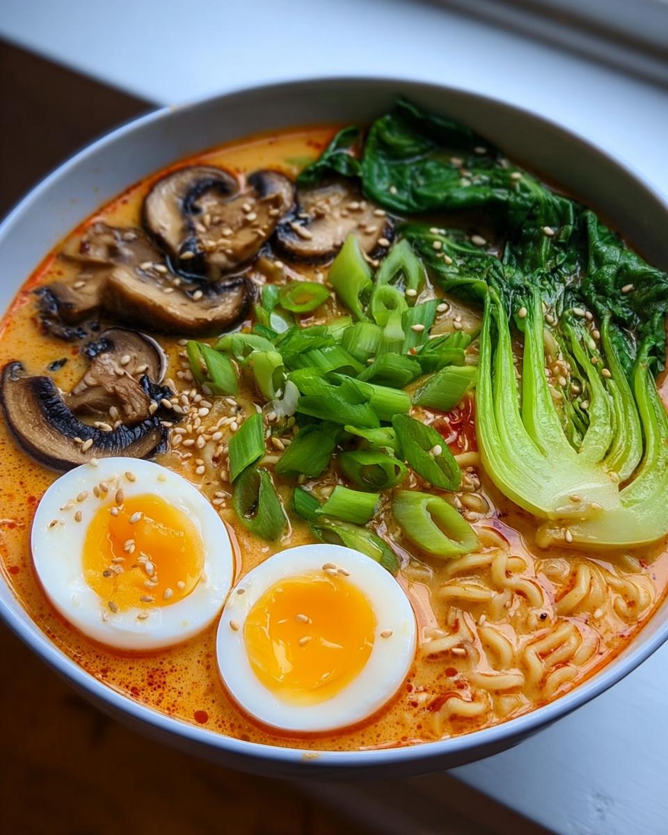 Nahaufnahme einer Schüssel mit Schnelle Ramen mit Ei & Gemüse, belegt mit weichgekochten Eiern, Pilzen und Pak Choi.