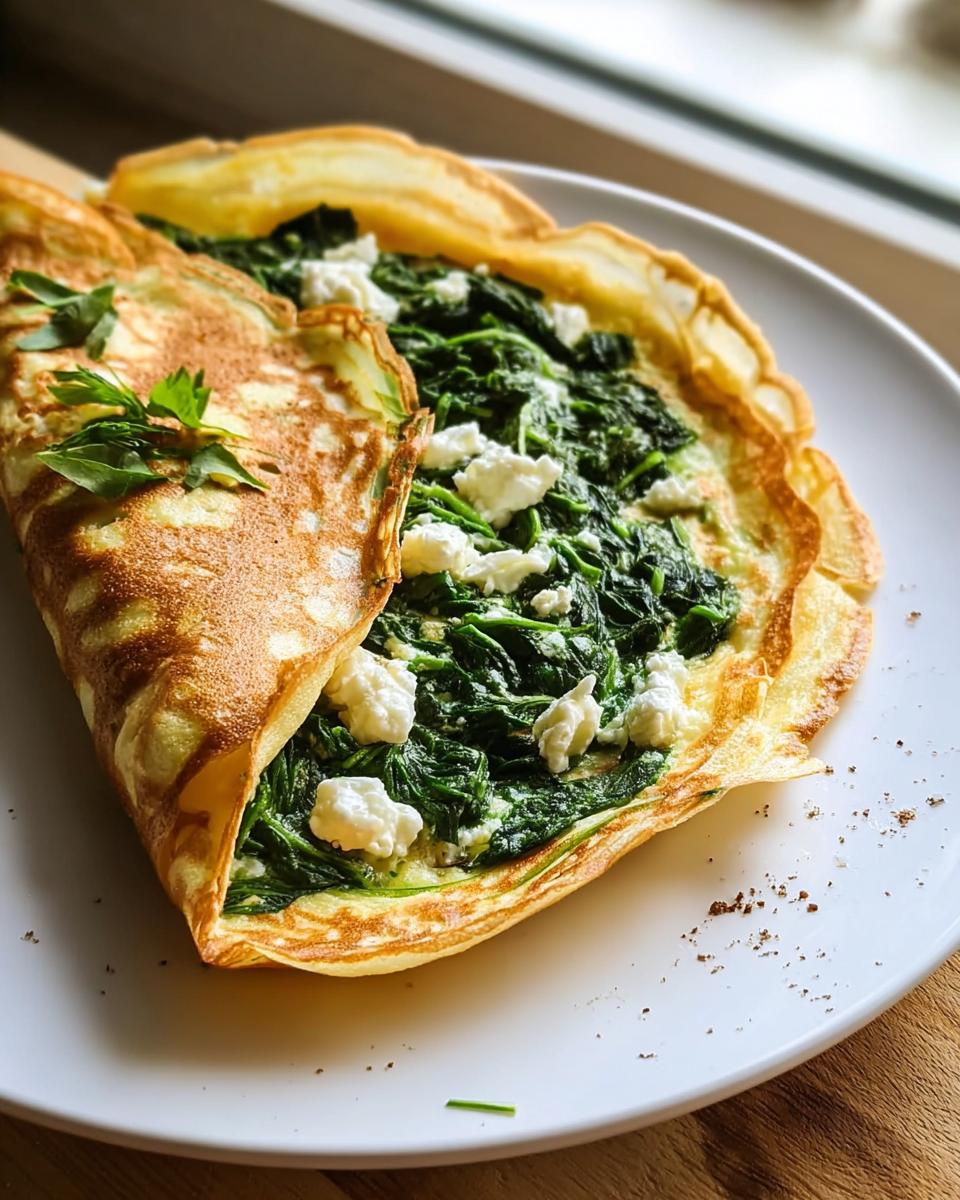Ein gefalteter Crêpe gefüllt mit gedünstetem Spinat und zerbröseltem Feta, eine Variante der Schnelle Spinat-Feta-Pfanne mit Reis.