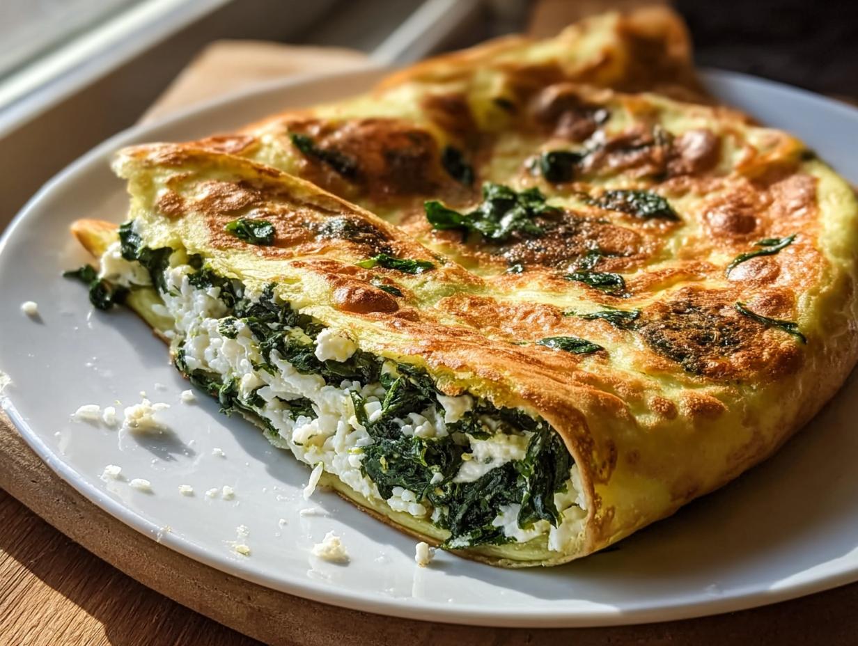 Ein aufgeschnittener Teil der Schnelle Spinat-Feta-Pfanne mit Reis, gefüllt mit Spinat und Feta, auf einem weißen Teller.