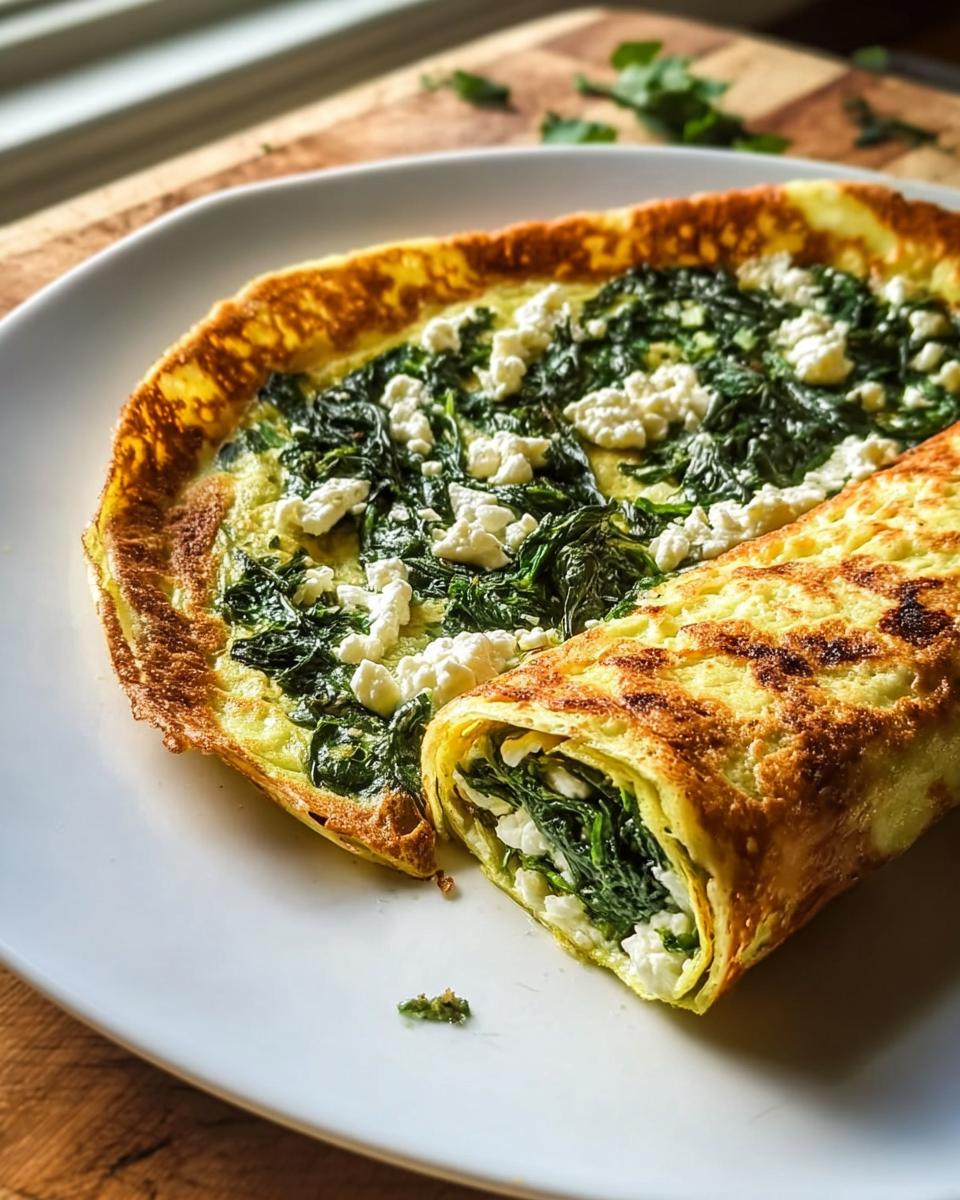 Ein gefülltes Omelett mit Spinat und Feta, das eine Schnelle Spinat-Feta-Pfanne darstellt, auf einem weißen Teller.