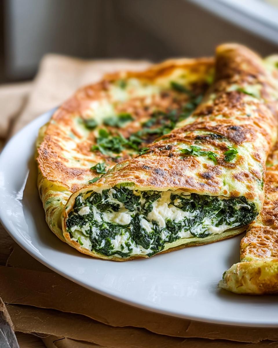 Aufgeschnittene Omelett-Rolle gefüllt mit cremiger Spinat-Feta-Mischung, typisch für Schnelle Spinat-Feta-Pfanne mit Reis.