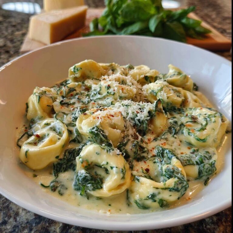 Nahaufnahme von Schnelle Tortellini in Sahne-Spinat-Sauce, garniert mit geriebenem Parmesan.