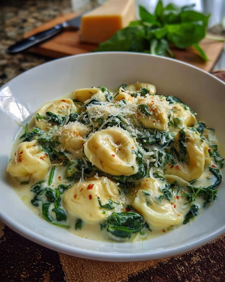 Nahaufnahme von Schnelle Tortellini in Sahne-Spinat-Sauce, bestreut mit Parmesan.