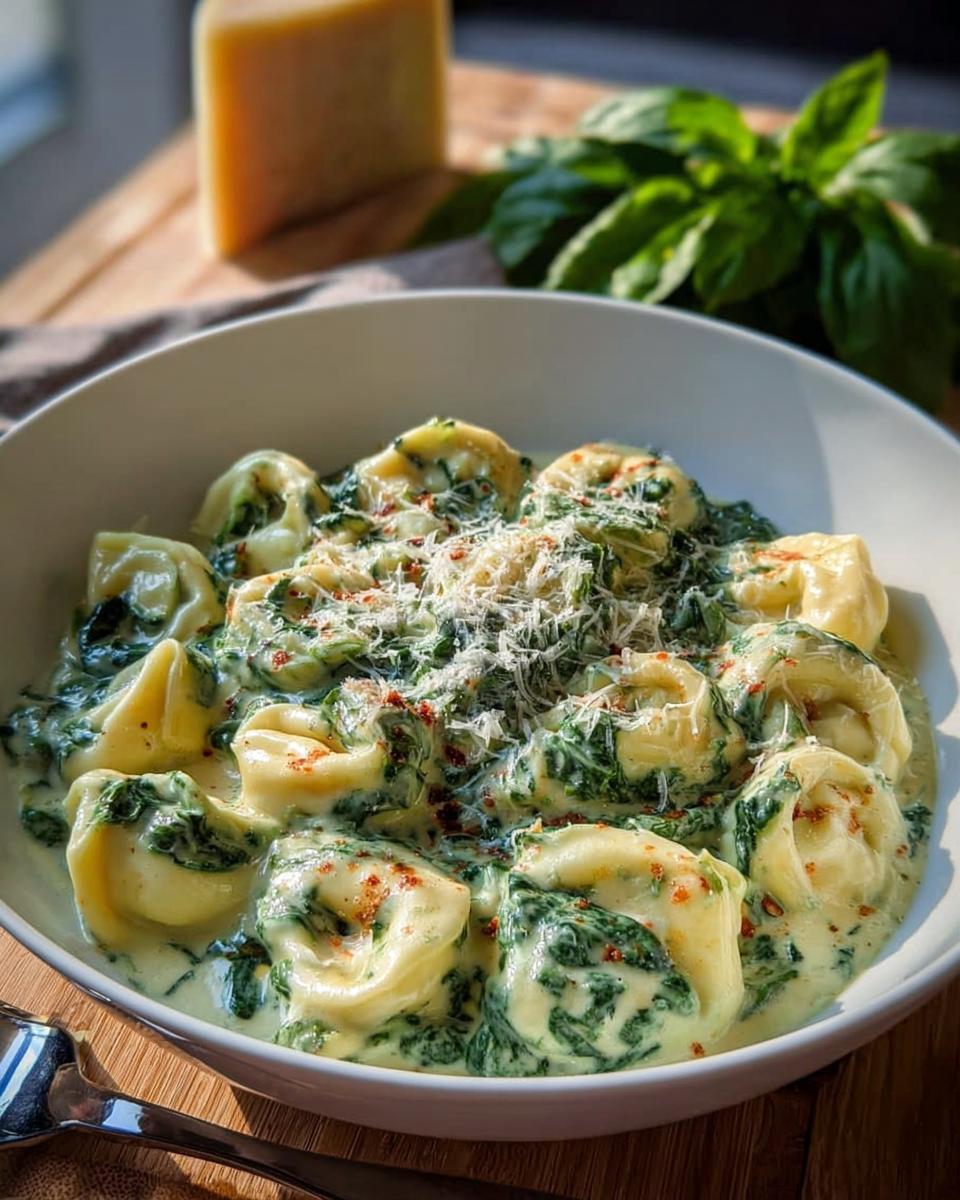 Eine Schüssel mit Schnelle Tortellini in Sahne-Spinat-Sauce, garniert mit geriebenem Käse.