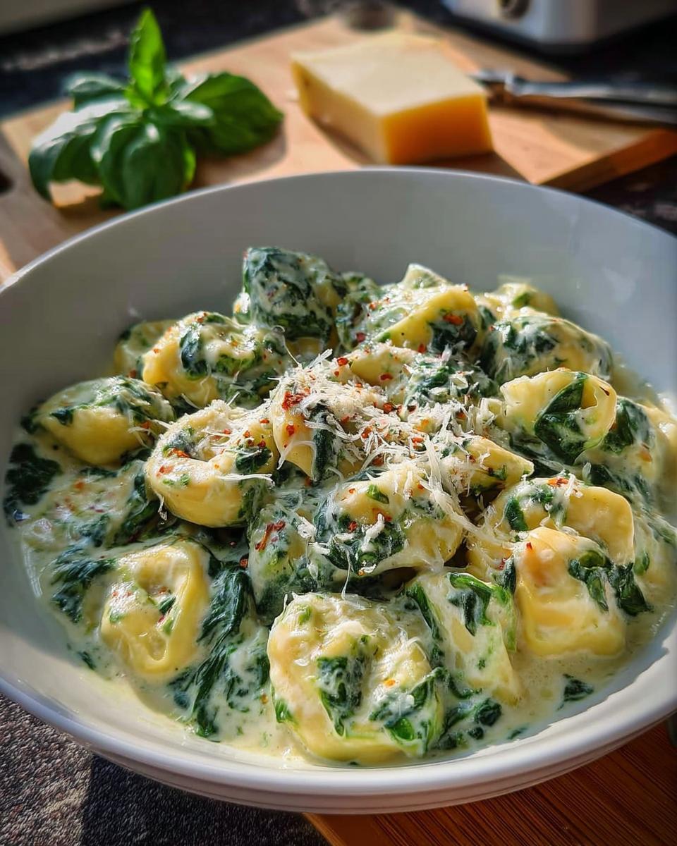 Nahaufnahme von Schnelle Tortellini in Sahne-Spinat-Sauce, bestreut mit Parmesan und Chili.