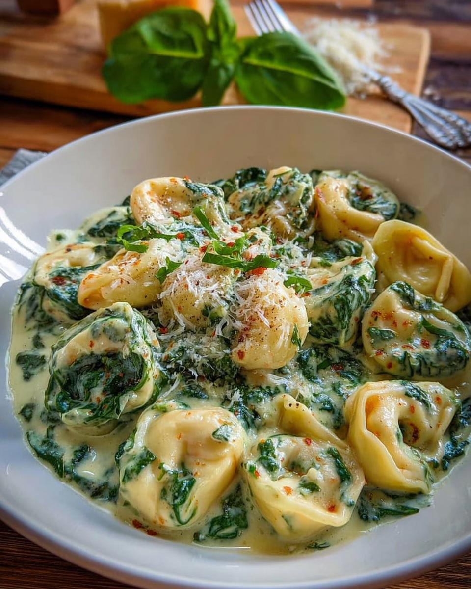 Nahaufnahme von Schnelle Tortellini in Sahne-Spinat-Sauce, garniert mit Parmesan.