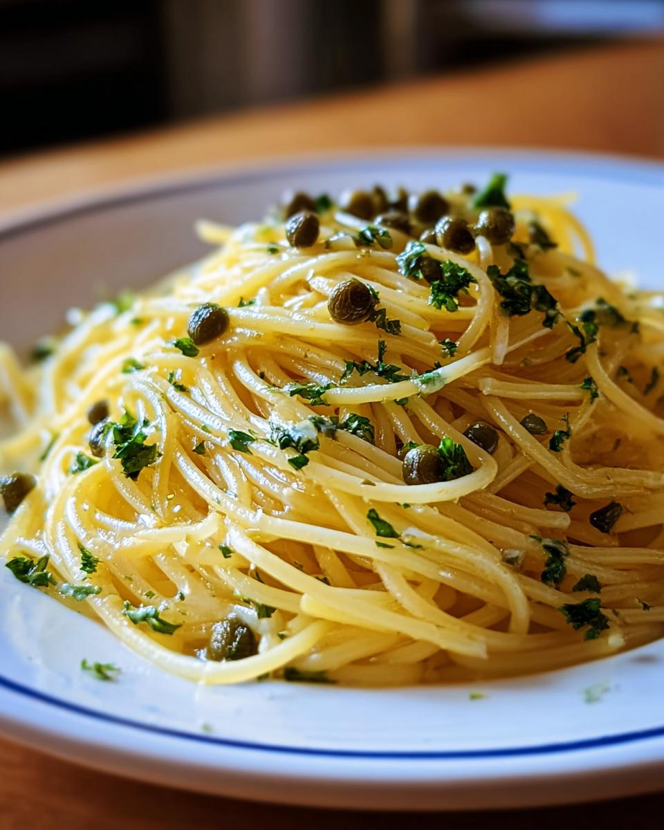 Nahaufnahme von Schnelle Zitronen-Pasta mit Kapern, garniert mit Petersilie auf einem weißen Teller.