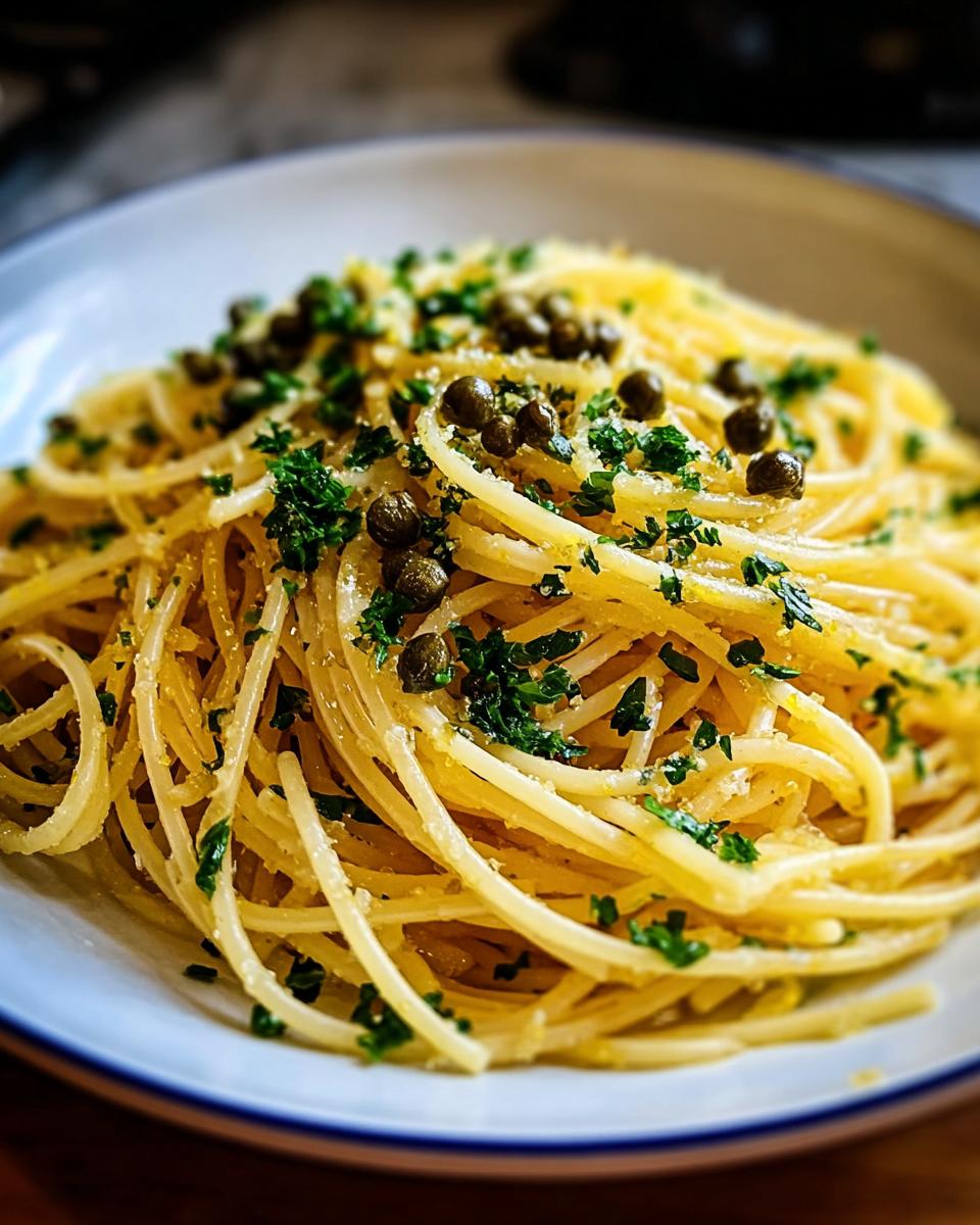 Nahaufnahme von köstlicher Schnelle Zitronen-Pasta mit Kapern, garniert mit frischer Petersilie.