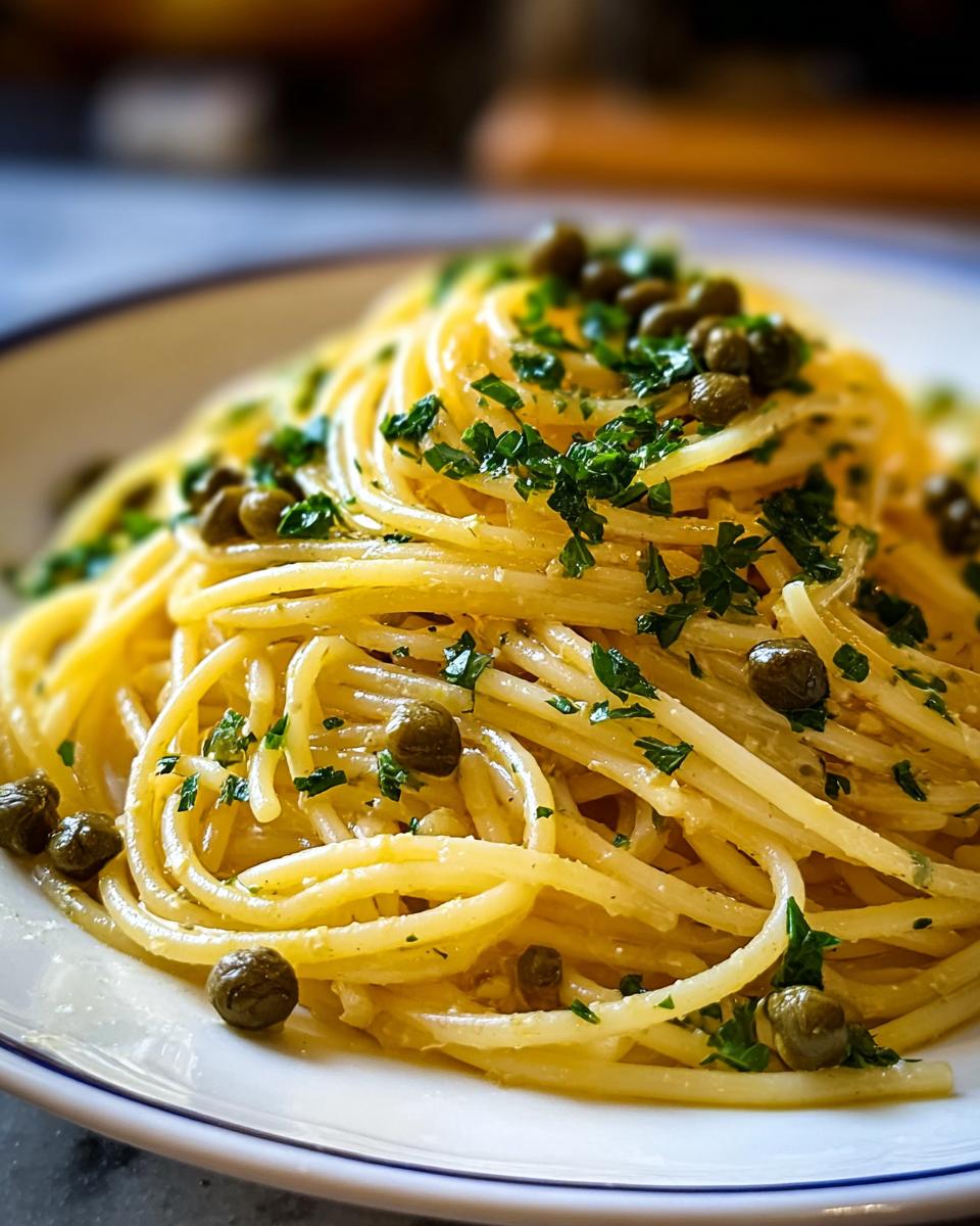 Nahaufnahme von Schnelle Zitronen-Pasta mit Kapern, garniert mit frischer Petersilie auf einem weißen Teller.