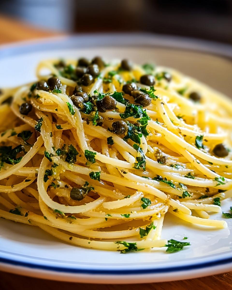 Nahaufnahme von Schnelle Zitronen-Pasta mit Kapern, garniert mit frischer Petersilie und Kapern auf einem weißen Teller.