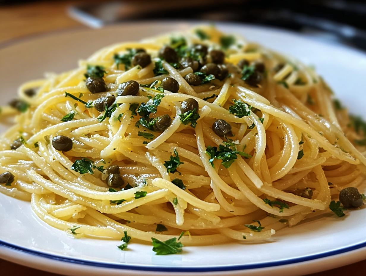 Nahaufnahme von köstlicher Schnelle Zitronen-Pasta mit Kapern und frischer Petersilie auf einem weißen Teller.