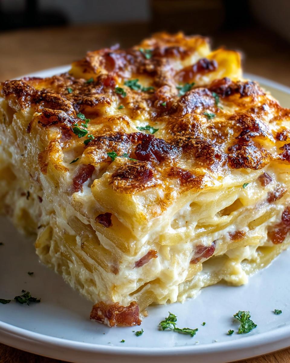 Nahaufnahme eines cremigen Stücks Schneller Kartoffelauflauf mit Speck, mit goldbraun gebackener Käsekruste.