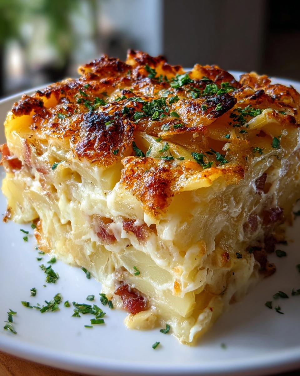 Ein saftiges Stück Schneller Kartoffelauflauf mit Speck, überbacken und mit frischem Schnittlauch garniert.