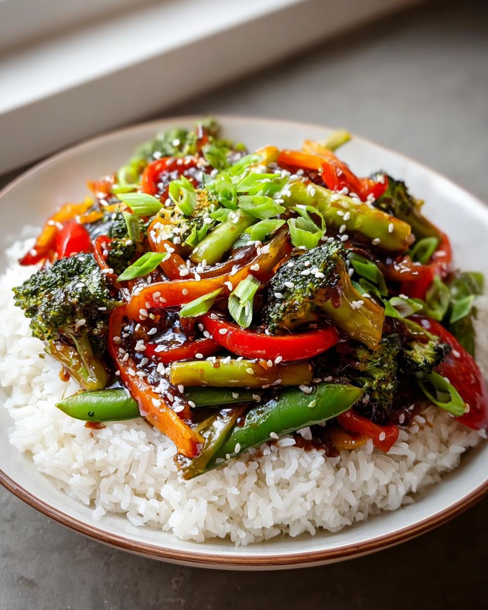 Nahaufnahme von Teriyaki-Gemüse mit Reis, bedeckt mit Brokkoli, Paprika, Zuckerschoten und Sesam.