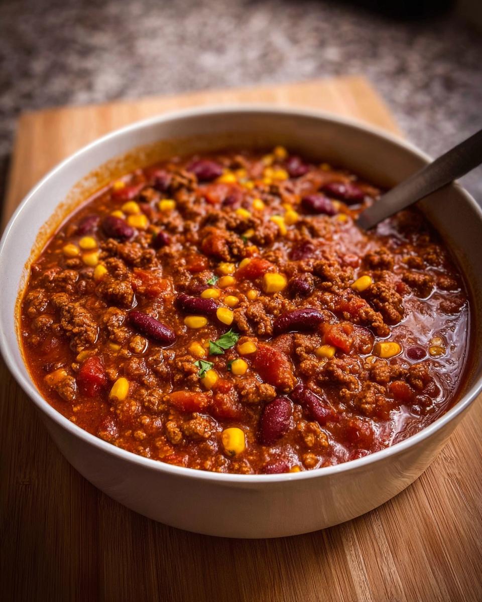 Nahaufnahme einer Schüssel mit reichhaltigem Chili con Carne nach Hausart, gefüllt mit Hackfleisch, Kidneybohnen und Mais.