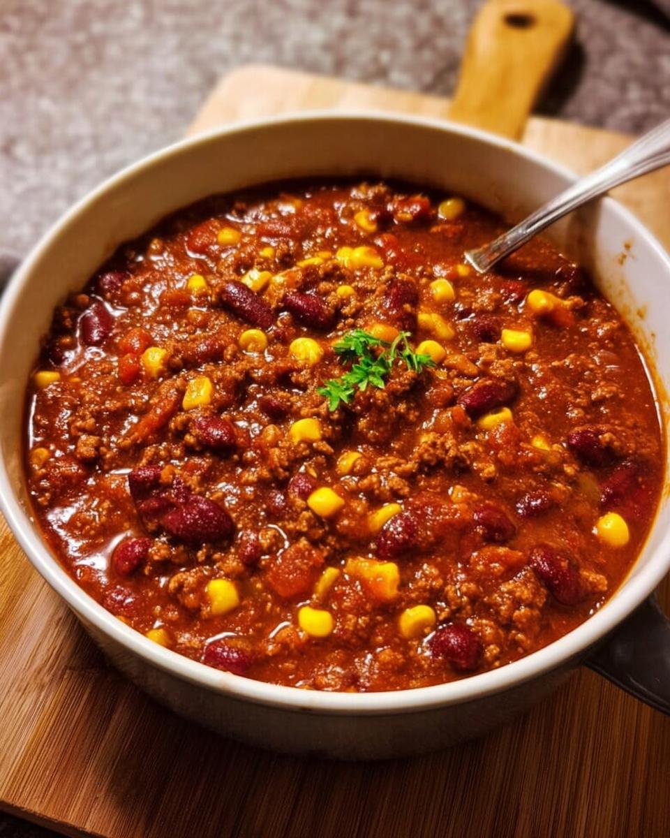 Eine Schüssel mit reichhaltigem Chili con Carne nach Hausart, gefüllt mit Hackfleisch, Kidneybohnen und Mais.