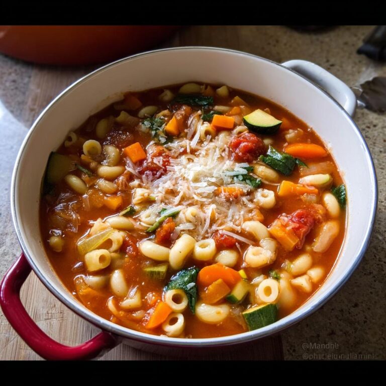 Eine große Schüssel mit Minestrone – italienische Gemüsesuppe, gefüllt mit Gemüse, Nudeln und bestreut mit geriebenem Parmesan.