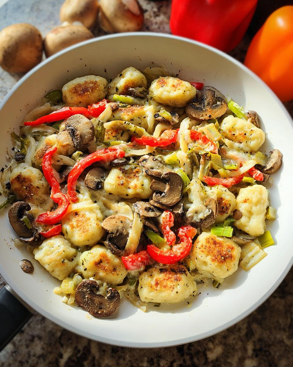 Nahaufnahme einer fertigen Schupfnudel-Pfanne mit Gemüse, Pilzen und geschmolzenem Käse in einem weißen Pfannengeschirr.