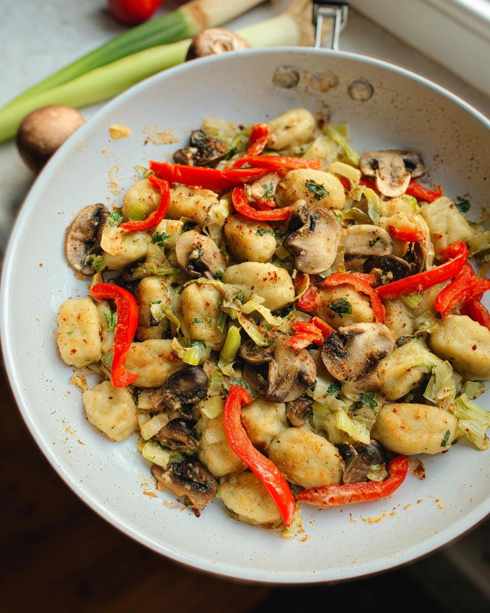 Nahaufnahme einer Schupfnudel-Pfanne mit Gemüse, Pilzen und roten Paprikastreifen in einer hellen Pfanne.