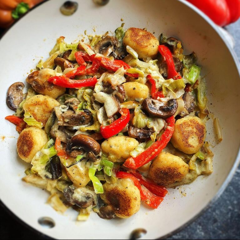 Eine Nahaufnahme der fertigen Schupfnudel-Pfanne mit Gemüse, Pilzen und roten Paprikastreifen in einer hellen Pfanne.