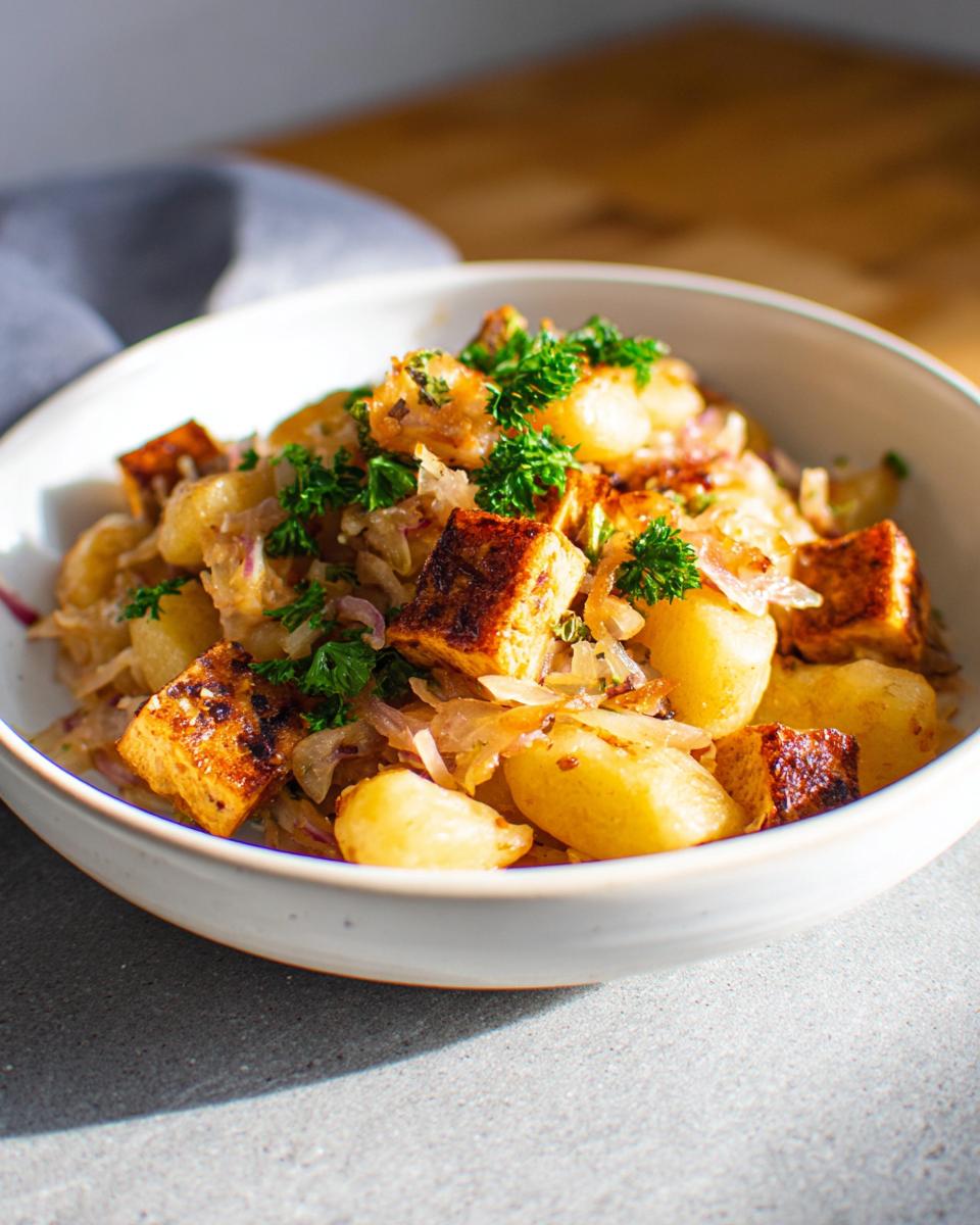 Close-up of Schupfnudeln mit Sauerkraut & Speck, garnished with fresh parsley, served in a white bowl.