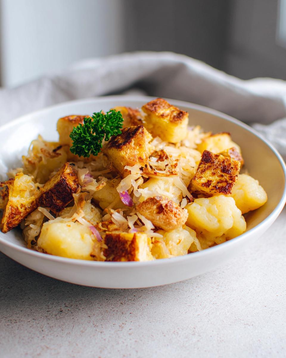 Close-up of Schupfnudeln mit Sauerkraut & Speck garnished with parsley in a white bowl.