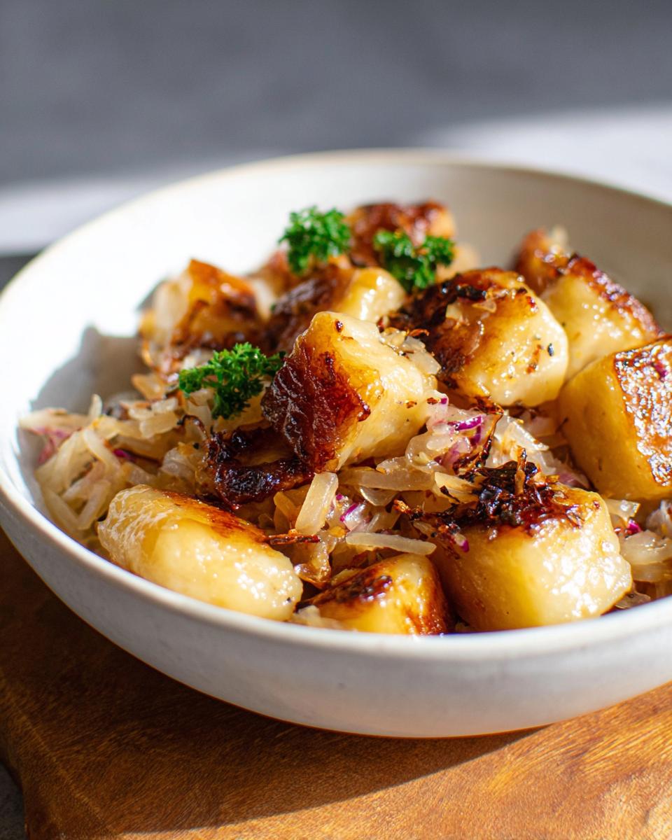 Close-up of golden-brown Schupfnudeln mit Sauerkraut & Speck in a white bowl.