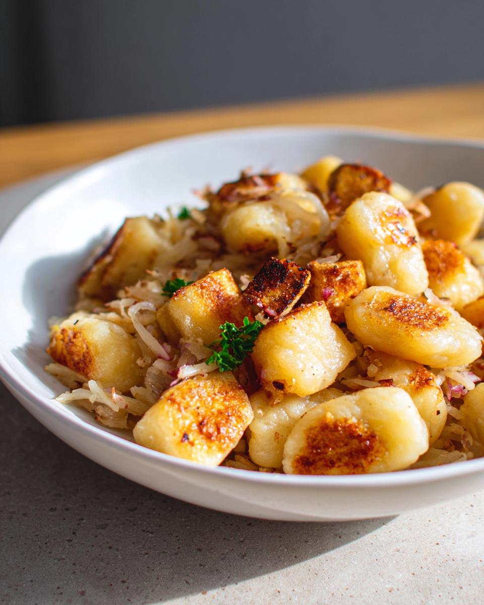 Close-up of golden-brown Schupfnudeln mit Sauerkraut & Speck served in a white bowl.
