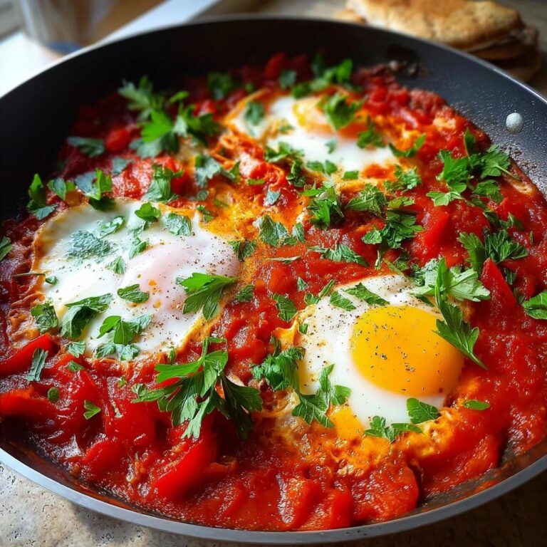 Nahaufnahme von Shakshuka – Eier in würziger Tomatensauce mit frischer Petersilie in einer Pfanne.