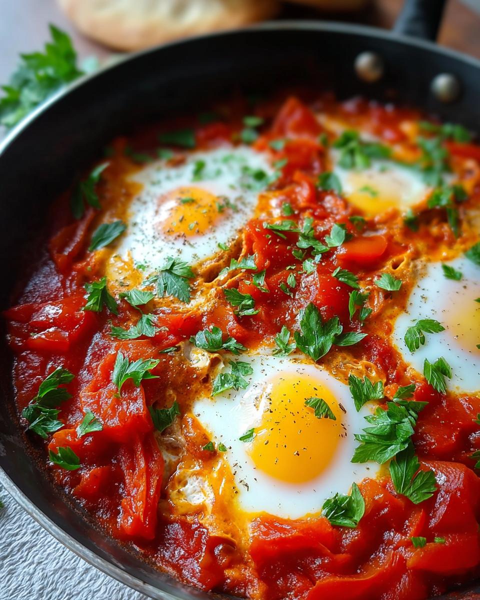 Nahaufnahme von Shakshuka – Eier in würziger Tomatensauce, garniert mit frischer Petersilie in einer schwarzen Pfanne.