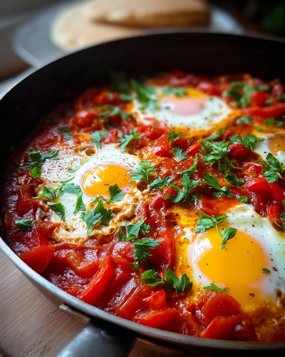 Nahaufnahme von Shakshuka – Eier in würziger Tomatensauce, garniert mit frischer Petersilie in einer Pfanne.