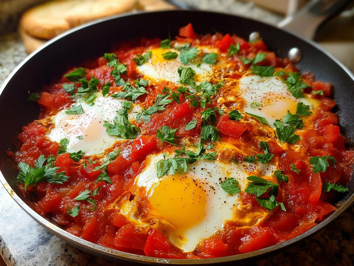 Nahaufnahme von vier pochierten Eiern in einer Pfanne mit würziger Tomatensauce, garniert mit Petersilie – fertiges Shakshuka.