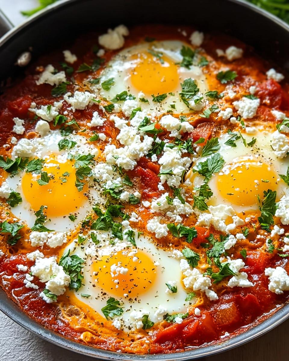 Nahaufnahme von Shakshuka mit Feta & Kräutern, mit pochierten Eiern in einer würzigen Tomatensauce.
