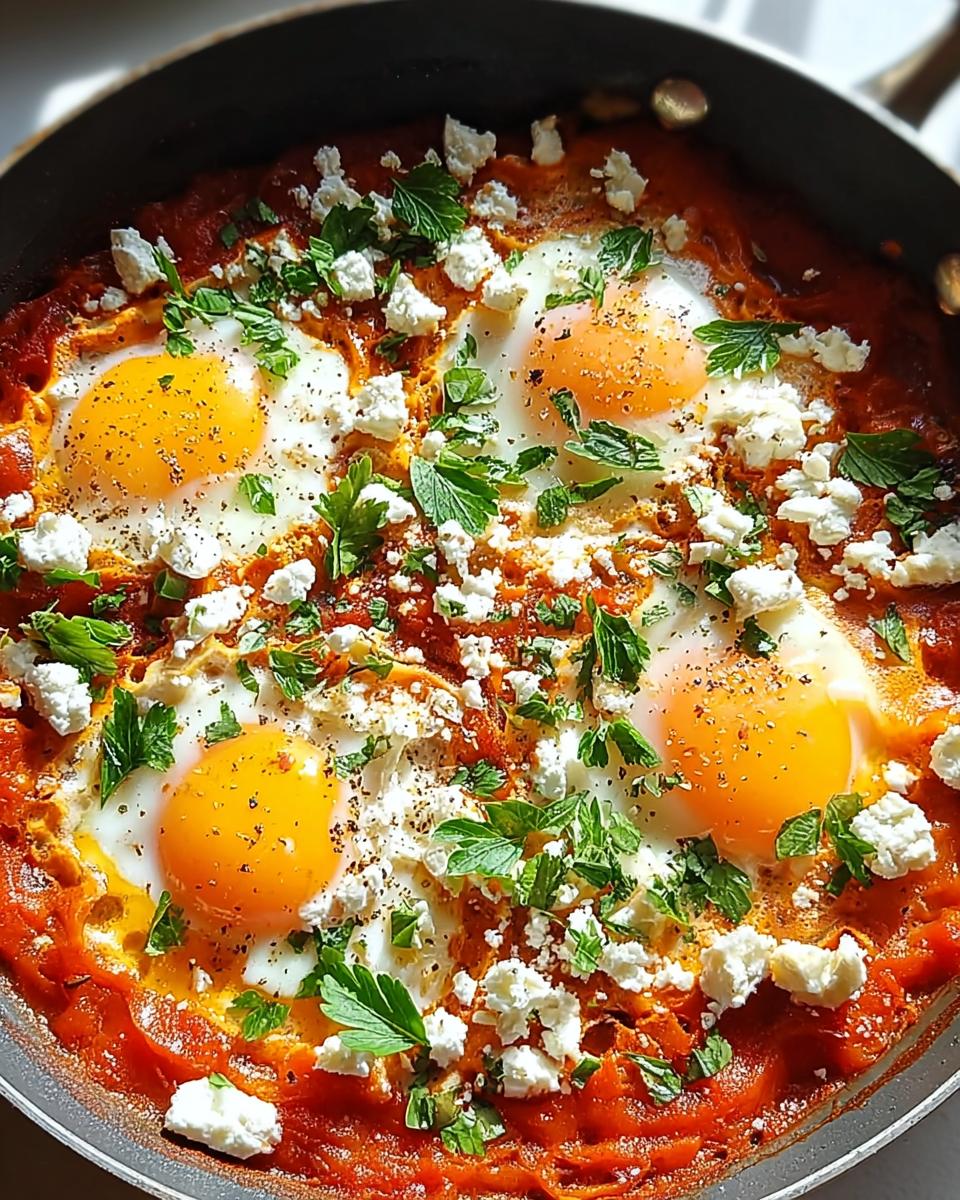 Nahaufnahme von vier pochierten Eiern in einer roten Tomatensauce, garniert mit zerbröseltem Feta und frischen Kräutern: Shakshuka mit Feta & Kräutern.