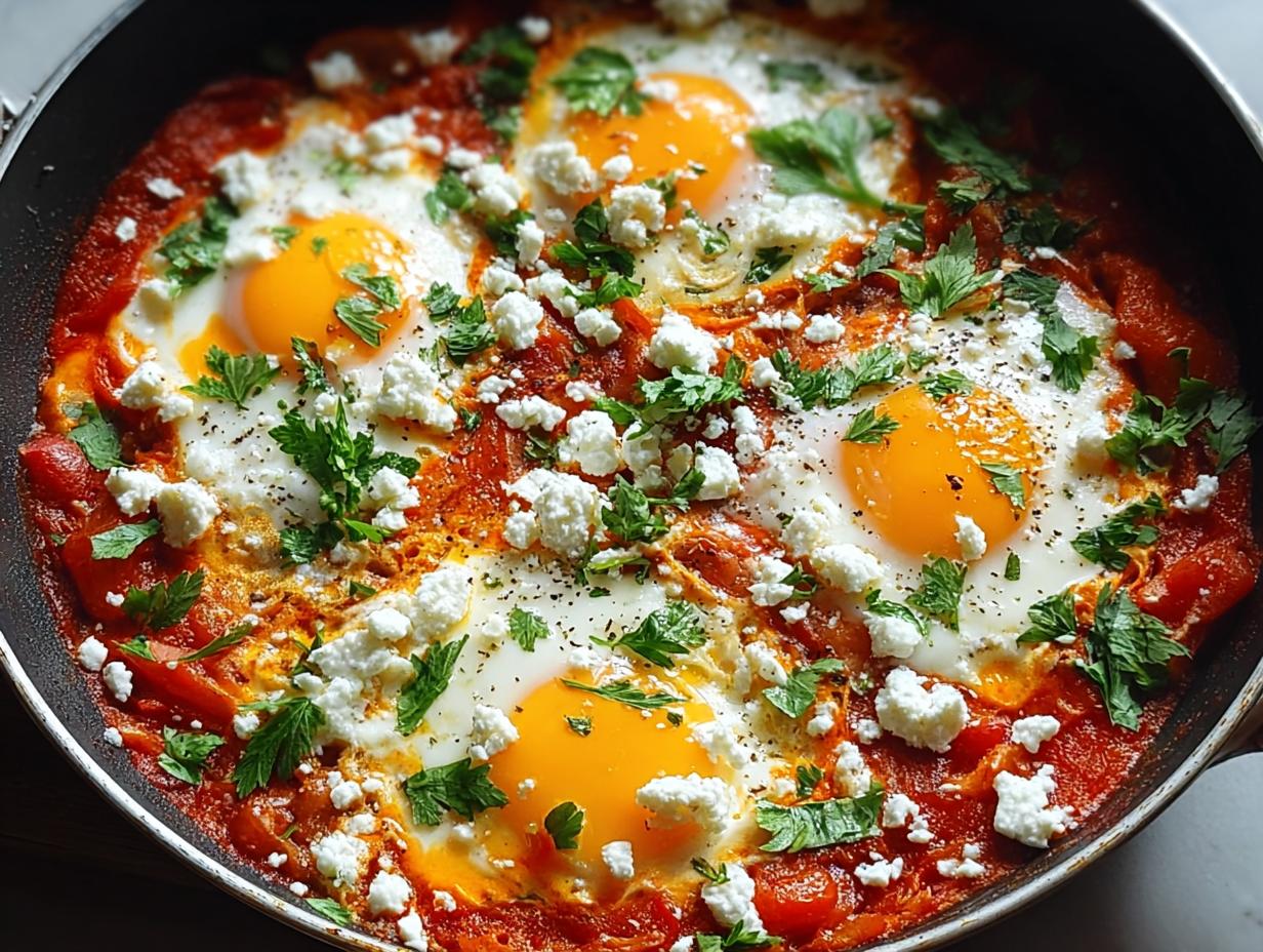 Nahaufnahme von köstlichem Shakshuka mit Feta & Kräutern, pochierten Eiern in Tomatensauce.