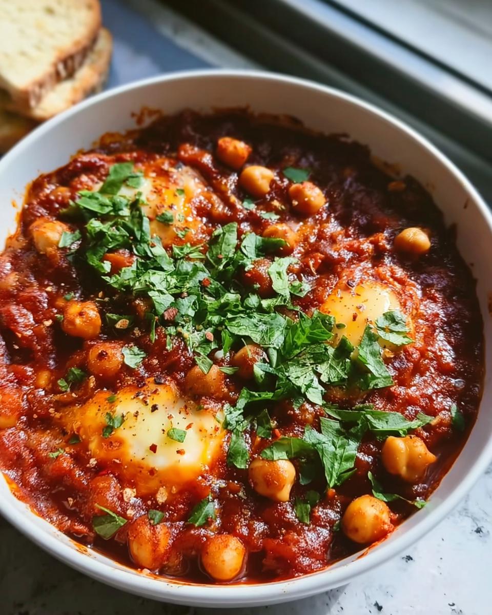 Nahaufnahme einer Schüssel mit herzhafter Shakshuka mit Kichererbsen, pochierten Eiern und frischer Petersilie.