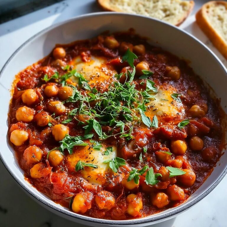Nahaufnahme einer herzhaften Shakshuka mit Kichererbsen in einer roten Tomatensauce, garniert mit frischen Kräutern.
