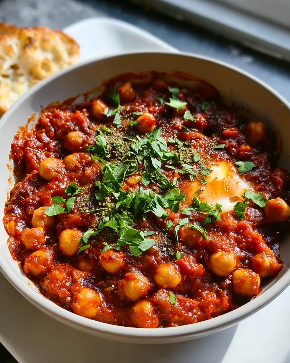 Nahaufnahme einer herzhaften Shakshuka mit Kichererbsen in einer weißen Schüssel, garniert mit Petersilie.