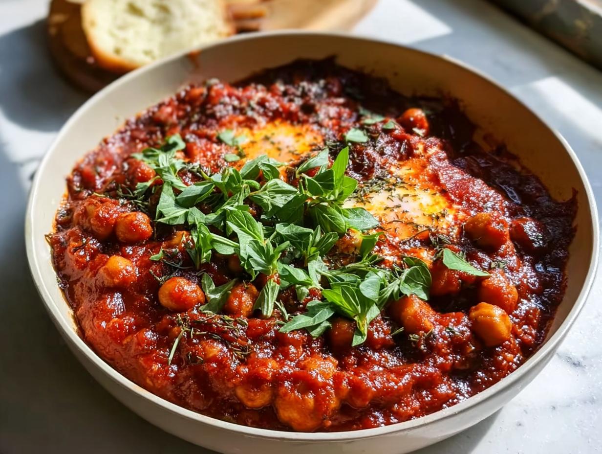 Nahaufnahme einer herzhaften Shakshuka mit Kichererbsen in einer tiefen Schüssel, garniert mit frischen Kräutern.