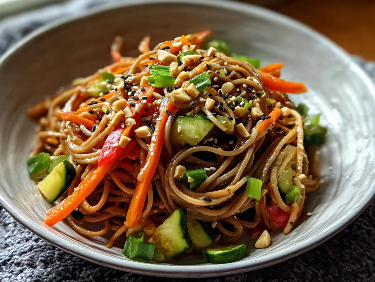 Nahaufnahme von Soba-Nudeln mit Sesam-Ingwer-Sauce, garniert mit Karottenstreifen, Gurkenstücken und Erdnüssen.