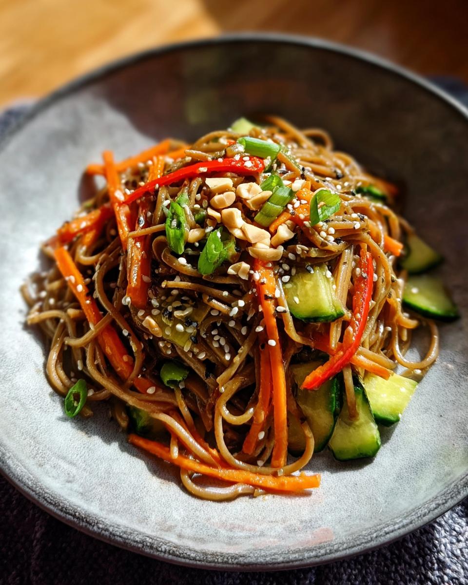 Nahaufnahme von Soba-Nudeln mit Sesam-Ingwer-Sauce, garniert mit Karottenstreifen, Gurken und Erdnüssen.
