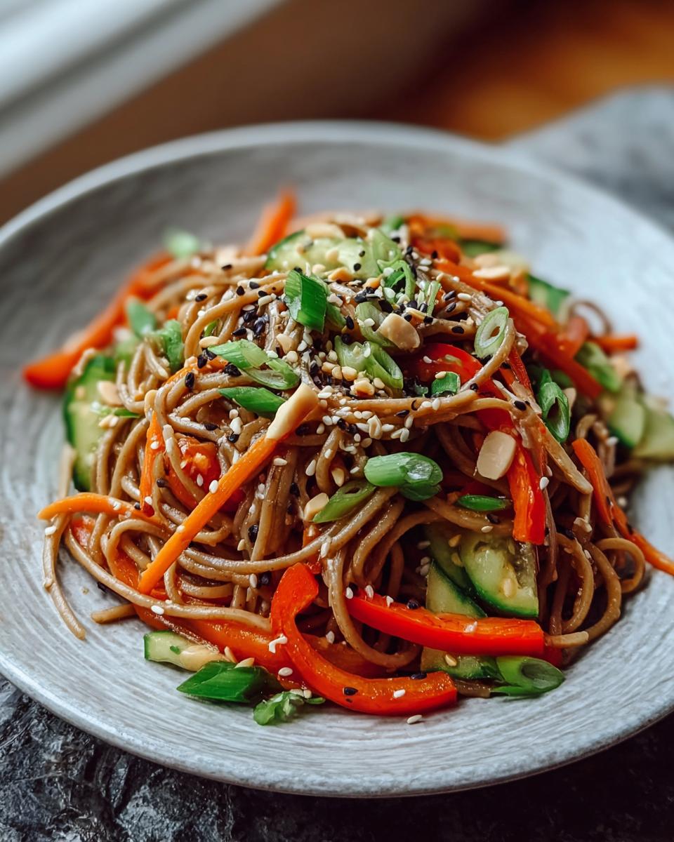 Nahaufnahme von Soba-Nudeln mit Sesam-Ingwer-Sauce, garniert mit Karotten, Gurken, Paprika und Sesam.