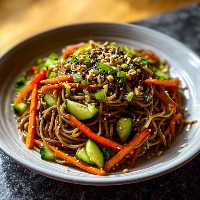 Nahaufnahme von Soba-Nudeln mit Sesam-Ingwer-Sauce, garniert mit Karottenstreifen, Gurkenscheiben und gehackten Erdnüssen.