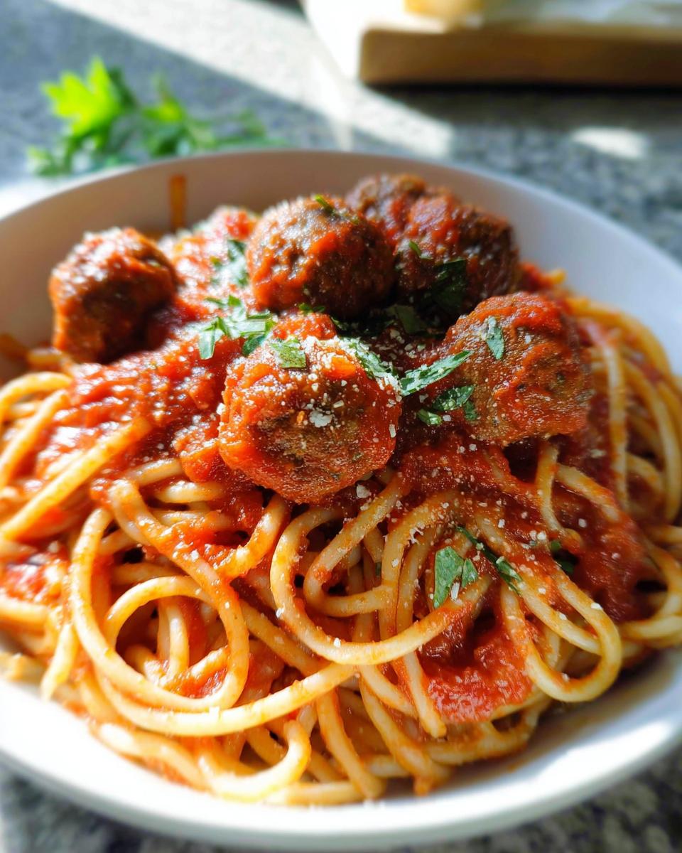 Nahaufnahme von Spaghetti mit Fleischbällchen in Tomatensauce, bestreut mit Parmesan und Petersilie.